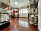 Organized storage room with wooden flooring