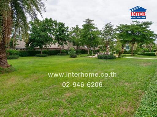 Spacious green lawn with trees and a few benches