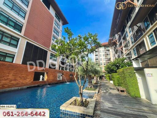 Outdoor view of a modern apartment complex with a swimming pool and tropical landscaping