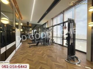 Gym with modern equipment and large windows