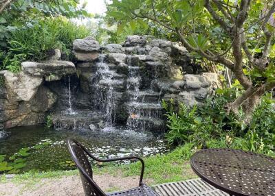 Garden with a water feature and seating area