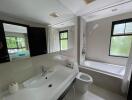 Modern bathroom with a bathtub, shower, sink, and toilet