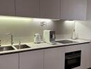 Modern kitchen with integrated appliances and stylish lighting