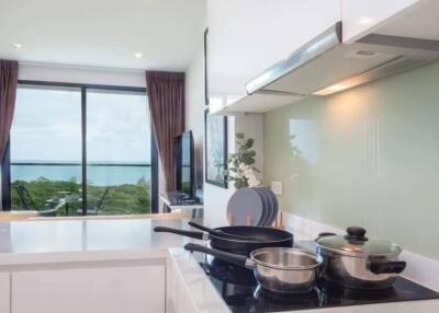 Modern kitchen with cookware, stove, and a scenic view