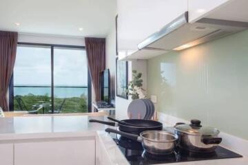 Modern kitchen with cookware, stove, and a scenic view