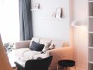 A cozy living room with modern decor, featuring a couch, a floor lamp, and wall-mounted shelves.