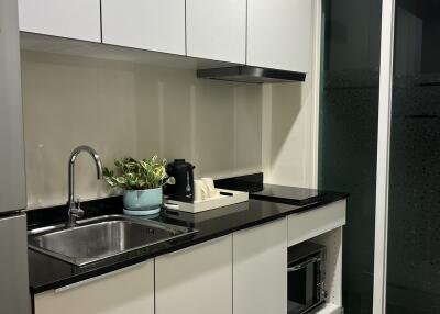 Modern kitchen with white cabinets and black countertops