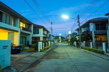 View of a residential street with houses during twilight