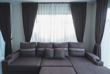 Contemporary living room with a dark grey sofa and curtains