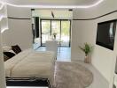 Modern bedroom with minimalist design, floating bed, and natural light