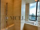 Modern bathroom with shower and city view