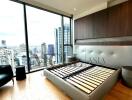 Modern high-rise bedroom with large windows and city view