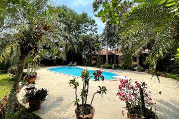 Lush garden with a swimming pool