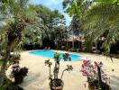 Lush garden with a swimming pool