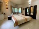 Spacious bedroom with large windows and a double bed