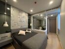 Modern bedroom with integrated glass-walled bathroom