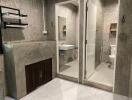 Modern bathroom with concrete walls and separate shower area