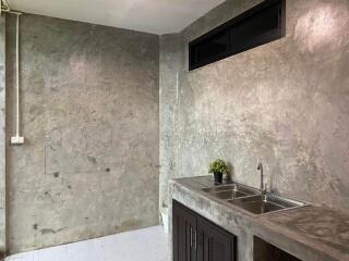 Concrete minimalist kitchen with sink and cabinets