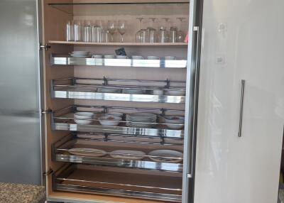 Kitchen storage cabinet with shelves holding plates, glasses, and cups