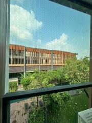 View of building and garden from a window