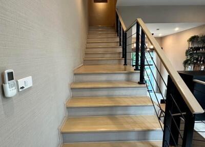 Interior staircase with wooden steps and modern railing