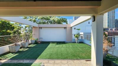 Spacious outdoor terrace with artificial grass and potted plants