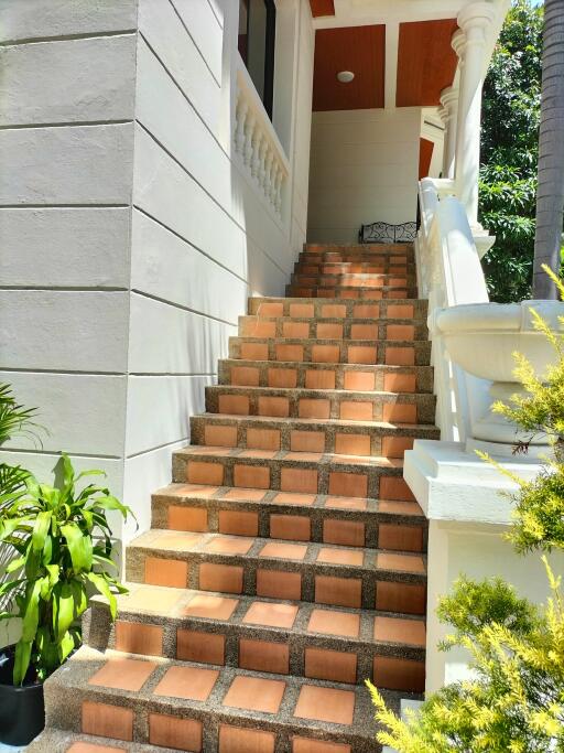 Staircase leading to the main entrance with tiled steps and decorative columns