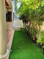 Outdoor garden with potted plants and artificial grass