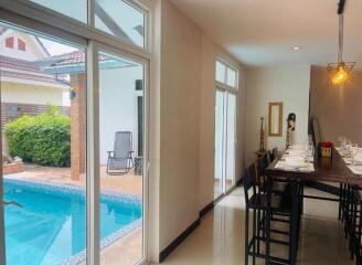 Dining area with view of pool