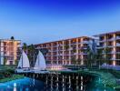 Modern residential complex with water features and sailboats