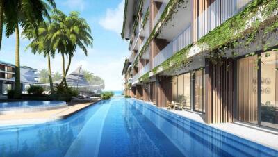 Luxury apartment complex with swimming pool and greenery