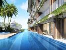 Luxury apartment complex with swimming pool and greenery
