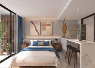 Modern bedroom with a bed, stylish decor, and floor-to-ceiling windows