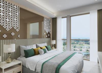 Modern bedroom with large window and decorative wall panels