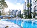 Luxury apartment complex with a large swimming pool and lounge area