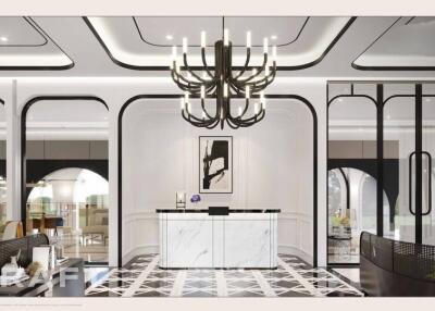 Modern elegant lobby with white marble reception desk and black chandelier