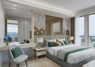 Spacious and modern bedroom with large windows offering a scenic view, a comfortable bed, a seating area, and a vanity desk.