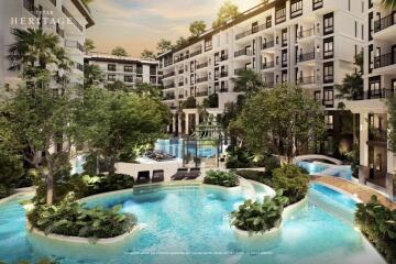 Outdoor view of luxurious apartment complex with pool