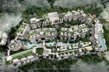 Aerial view of a residential complex with greenery and swimming pools