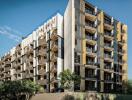 Modern apartment complex with multiple balconies and green surroundings