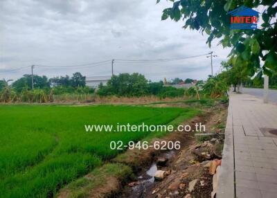 Outdoor view of property with green fields and sidewalk
