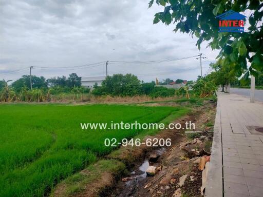 Outdoor view of property with green fields and sidewalk