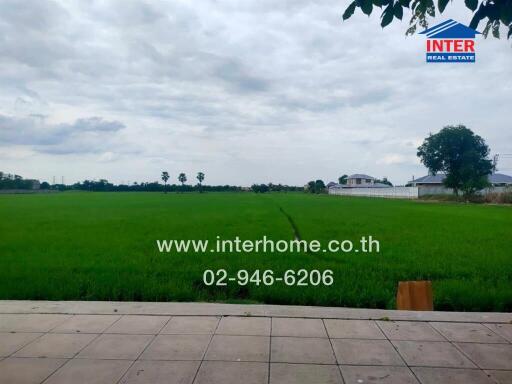 View of a green field from a tiled patio