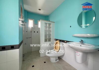 Bathroom with blue walls, white fixtures, and a shower area