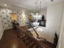 Elegantly decorated stairway with chandelier