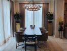 Elegant dining room with chandelier and large table