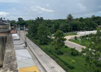 View of a street and greenery from a building