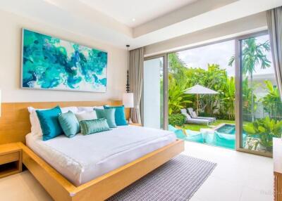 Spacious bedroom with pool view