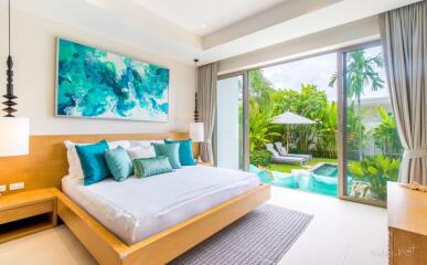 Spacious bedroom with pool view