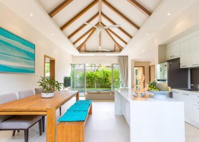 Modern open-plan kitchen and dining area with vaulted ceiling